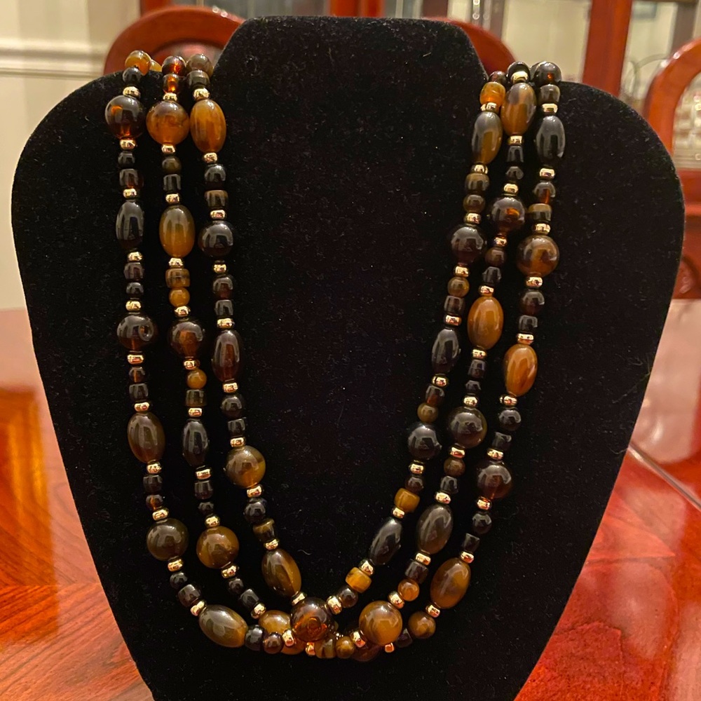 Triple Strand Beaded 20” Amber Brown Black Gold Necklace